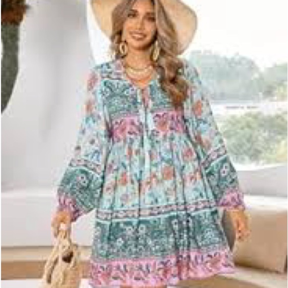 Floral Green & Pink Dress Boho Flowy Beach Tassel Lightweight Women's Small 4/6 - Picture 2 of 16